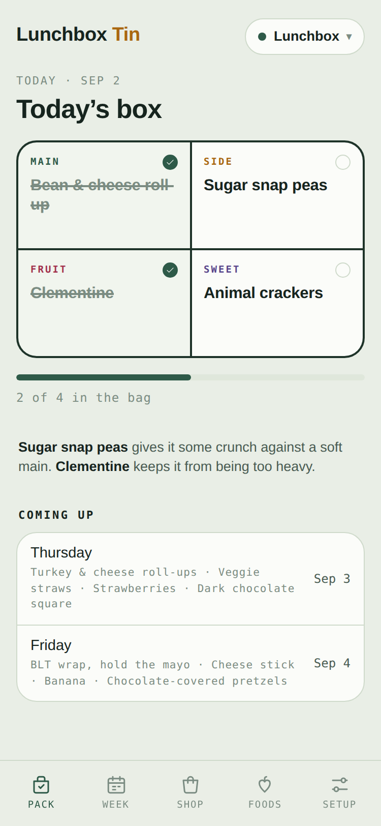 Tomorrow's box as a four-item checklist.