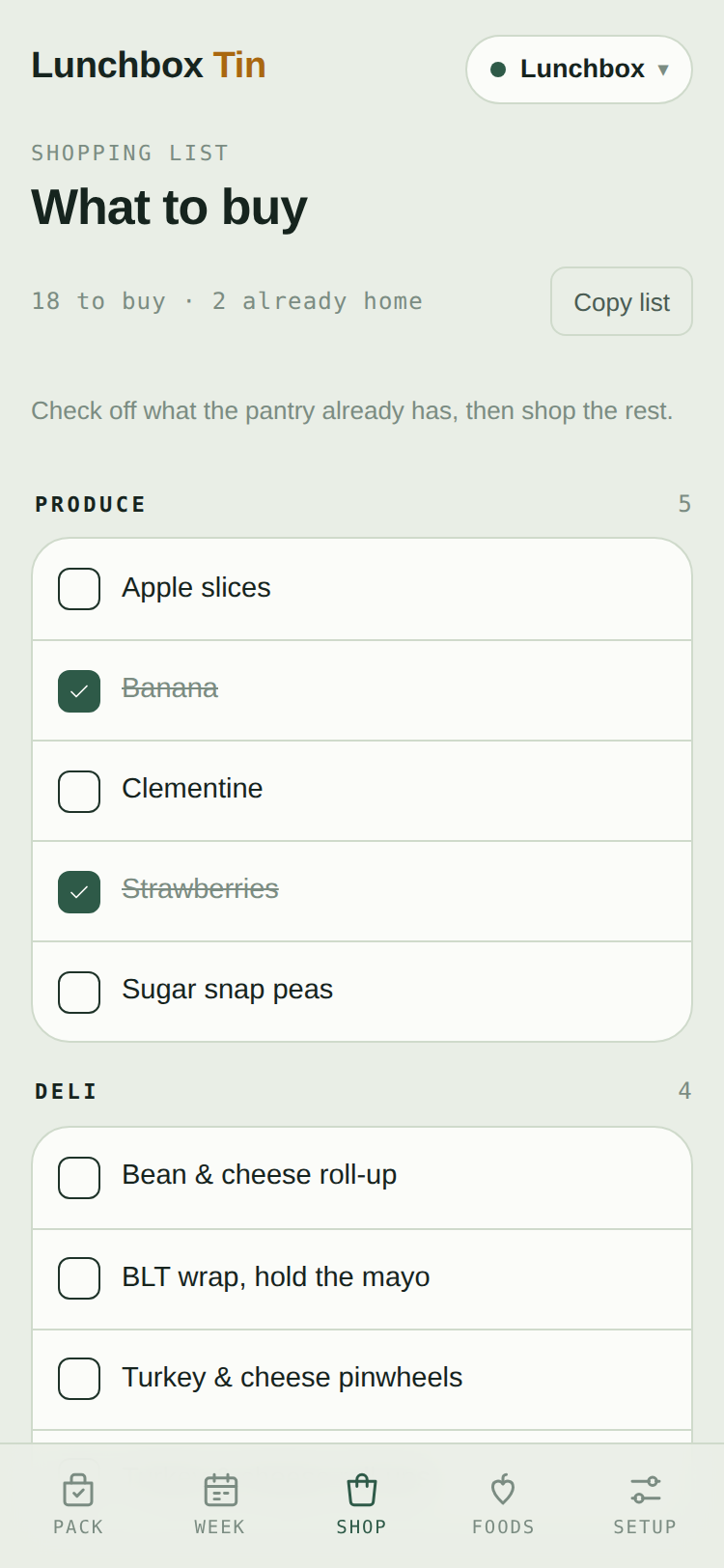 Shopping list grouped by store aisle.